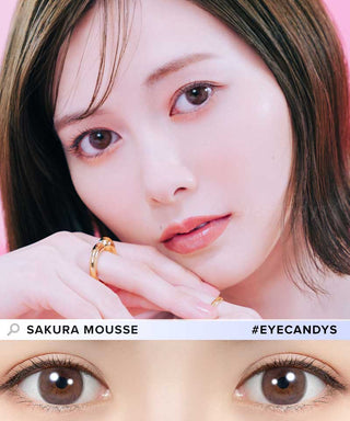 Girl wearing EyeCandys Sakura Mousse colored contact lenses – natural-looking brown color contact lenses for daily wear. Available as prescription colored contact lenses