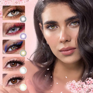 Collage of various colour contact lenses in pink, purple, green, dark grey and light brown, showing the transformative effect over dark irises. On the right is a model wearing the Sunlit Pink circle contact lenses, showing the subtle eye-lightening effect on her dark irises.