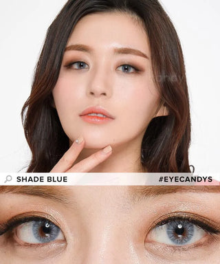 Female model wearing Shade Blue contact lenses with complementary neutral eyeshadow, above a close-up of her naturally dark eyes enhanced with Blue contacts.