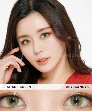 Model's face highlighting her dark eyes wearing Shade green contact lenses with complementary neutral eyeshadow, above a close-up of her eyes.