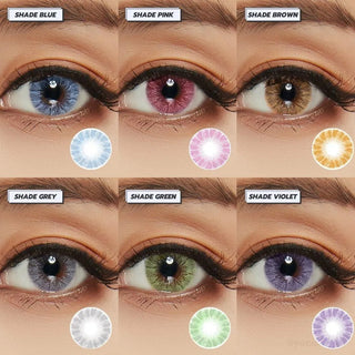 Various colors of the Shade Series of prescription colored contact lenses from EyeCandys worn on dark eyes with clean makeup. Colors of the contacts include blue, pink, brown, grey, green and violet