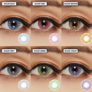 Various colors of the Shade Series of prescription colored contact lenses from EyeCandys worn on dark eyes with clean makeup. Colors of the contacts include blue, pink, brown, grey, green and violet