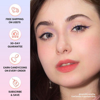 Model wearing EyeCandys Sugarlook Grey prescription lenses – free shipping, 30-day guarantee, rewards, subscribe & save