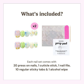 Reusable press on nails kit by EyeCandys including 20 nails, nail file, cuticle stick, alcohol wipe, and 10 sticky tabs for secure application.