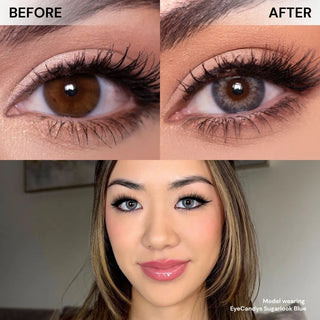 Close-up of eye before and after wearing EyeCandys Sugarlook Blue prescription colored contact lens. Below: model wearing Sugarlook Blue for a soft, natural blue eye look.