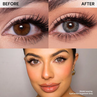 Close-up of eye before and after wearing EyeCandys Sugarlook Blue colored contact lenses. Below: model wearing EyeCandys Sugarlook Grey prescription contacts for a natural, soft grey eye look. 14.3mm diameter, 3-month lenses, cosmetic color contacts, subtle enlargement, natural effect.