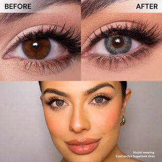 Close-up of eye before and after wearing EyeCandys Sugarlook Blue colored contact lenses. Below: model wearing EyeCandys Sugarlook Grey prescription contacts for a natural, soft grey eye look. 14.3mm diameter, 3-month lenses, cosmetic color contacts, subtle enlargement, natural effect.