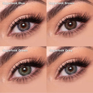 Collage of dark brown eyes wearing Eyecandys SugarLook colored contact lenses in Blue, Brown, Green, and Grey — natural and vibrant prescription colored contact lenses designed to enhance and transform eye color with comfort and style.