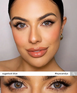 Close-up of Monica wearing EyeCandys Sugarlook Blue colored contact lenses – vibrant blue prescription colored contact lenses for a natural, eye-enhancing look.