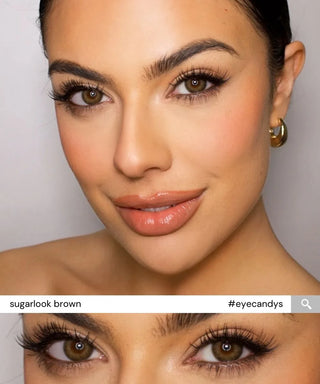 Close-up of Monica wearing EyeCandys Sugarlook Brown colored contact lenses – warm brown prescription colored contact lenses for a soft, natural everyday look.
