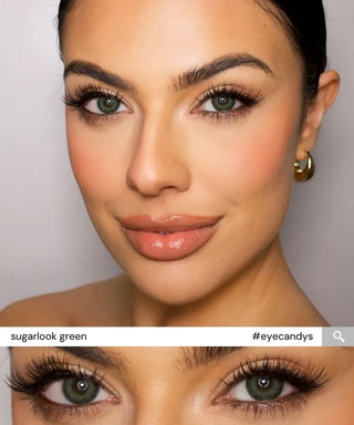Close-up of Monica wearing EyeCandys Sugarlook Green colored contact lenses – natural green prescription colored contact lenses for a fresh, eye-brightening effect.