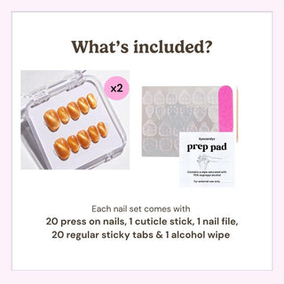 What’s included in the box: 20 press on nails, cuticle stick, nail file, 10 adhesive tabs, and alcohol wipe for easy at-home manicure application.