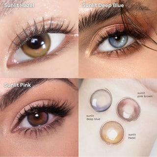 Collage featuring dark brown eyes wearing EyeCandys Sunlit Hazel, Deep Blue, and Pink colored contact lenses, alongside a close-up macro shot of the lenses — natural and vibrant prescription colored contact lenses designed for eye color enhancement and comfort.