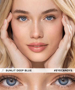 EyeCandys Sunlit Blue contact lens, showcasing the new blue shade available. Model wearing the hazel contacts on dark eyes on top, closeup of her eyes with natural makeup on the bottom.