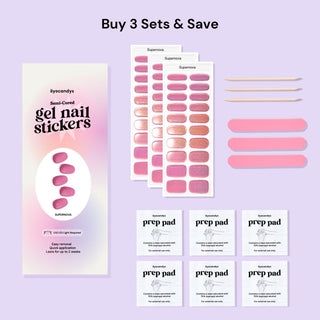 Set of 3 EyeCandys Supernova Gel Nail Stickers – includes 3 sticker sets, 6 alcohol prep pads, 3 wooden sticks, and 3 nail files for a complete DIY manicure kit