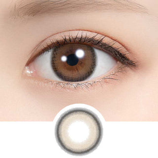 Close-up of eye wearing EyeCandys Tiramisu Ring colored contact lens with lens design shown below – features a natural brown ring pattern for eye definition. Available as color contact lenses and prescription colored contact lenses