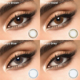 Variety of EyeCandys natural grey, hazel, blue, and brown contact lenses, each worn with a smokey eye makeup on a separate eye.