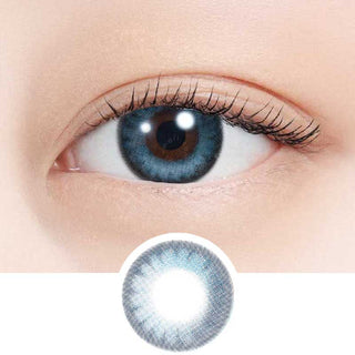 Model's eye close-up with EyeCandys Umi contact lenses – soft blue color perfect for cosplay, creating a refreshing eye transformation. Below: Close-up of the lens design, featuring the deep, tranquil blue hues