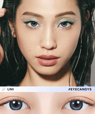 Model's face featuring EyeCandys Umi contact lenses – soothing blue color perfect for a calm, refreshing eye effect. Below: Close-up of the eyes showing the smooth gradient and detailed blue hues of the lens
