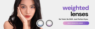 Model wearing EyeCandys i-Girl prescription colored contact lens, weighted non-rotating lenses for stable and natural eye color enhancement, comfortable all-day wear, perfect for daily use and cosmetic look