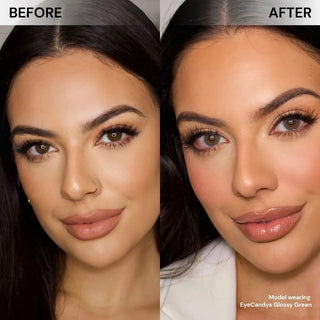 Face of model before and after wearing EyeCandys Glossy Green contact lenses – natural transformation showcasing radiant green eyes that brighten the face. Realistic, light-catching green lenses for dark eyes.