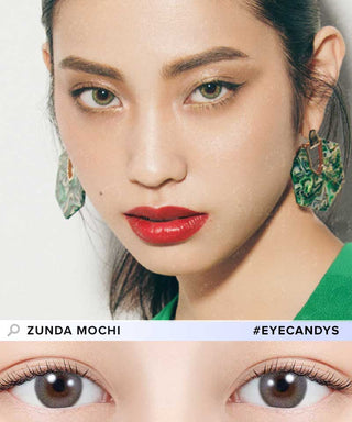 Model's face showing her eyes wearing EyeCandys Zunda Mochi contact lenses – soft green-toned lenses for a fresh and natural look. Below: Close-up of the eyes revealing the subtle green gradient of the lens