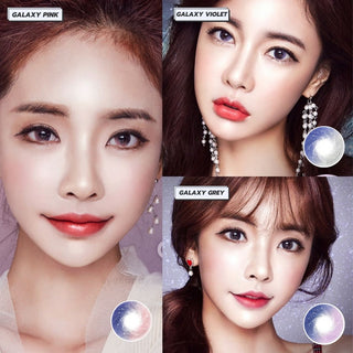 Assortment of EyeCandys Galaxy Pink, Violet, and grey contact lenses, worn on various eyes with minimal eye makeup