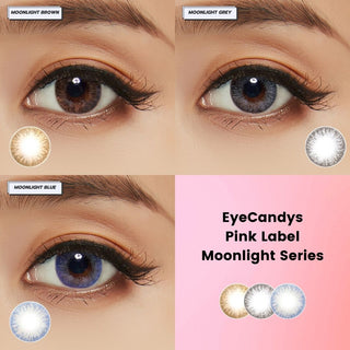 Assortment colors of the Soony series colored contact lenses worn on dark eyes with clean makeup. Colors of the contacts include brown, grey, and blue