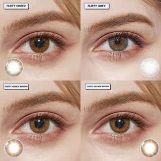 The progression exhibit showcases Pink Label Flirty Orange Brown contact lenses in various shades, including Choco, Grey, Honey Brown, and Orange Brown, alongside corresponding images displaying a cut-out of each lens.