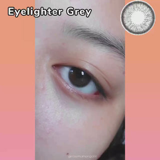 Eyelighter Grey colored contacts for astigmatism on a female model with dark eyes, various angles showcase the realistic effect of the lens.