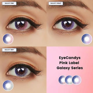 Collection of EyeCandys Galaxy Pink, Violet, and grey contact lenses, worn on various eyes with minimal eye makeup