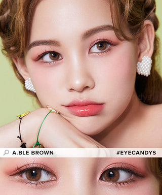 Model showcasing the natural look using Olola Able Brown prescription color contacts, above a closeup of a pair of eyes transformed by the color contact lenses