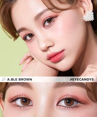 Model showcasing the natural look using Olola Able Brown prescription color contacts, above a closeup of a pair of eyes transformed by the color contact lenses