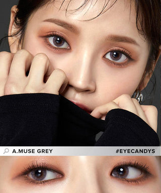 Model showcasing the natural look using Olola Amuse Grey (KR) prescription color contacts, above a closeup of a pair of eyes transformed by the color contact lenses