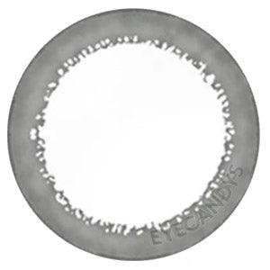 Closeup of Acuvue Define Accent Black prescription color contact lens (circle lens) design, showcasing a dark limbal ring, on a white background.