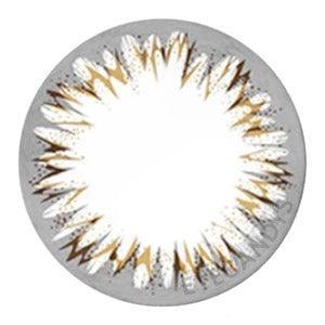 Closeup of Acuvue Define Radiant Natural Shine Brown prescription color contact lens (circle lens) design, showcasing a dark limbal ring, on a white background.