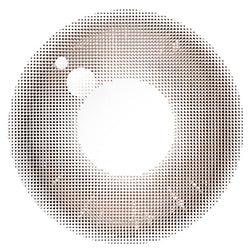 Design of the Chuu Aube Pie Moon Brown prescription color contact lens dailies from Eyecandys on a white background, showing the fine pixel detail and enlarging limbal ring.