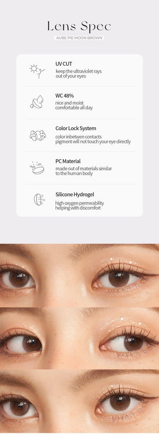 Asian model demonstrating a K-idol-inspired look with Chuu Aube Pie Moon Brown coloured contact lenses, highlighting the instant brightening and enlarging effect of the circle contact lenses over dark irises.