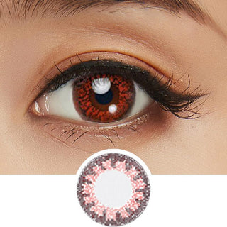 Collage showing Close-up shot of a model eye wearing Lacelle Colors Charming Bronze colored contact lens in one eye that is naturally dark-brown with natural eye make up and lashes, Single Lacelle Colors Charming Bronze contact lens on a white surface showing the pixel detail