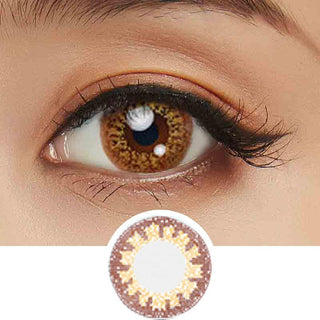 Collage showing Close-up shot of a model eye wearing Lacelle Colors Vivid Gold colored contact lens in one eye that is naturally dark-brown with natural eye make up and lashes, Single Lacelle Colors Vivid Gold contact lens on a white surface showing the pixel detail