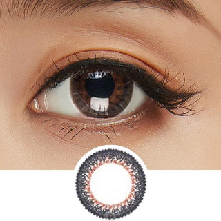 Collage showing Close-up shot of a model eye wearing Lacelle Dazzle Ring Twinkling Bronze colored contact lens in one eye that is naturally dark-brown with natural eye make up and lashes, Single Lacelle Dazzle Ring Twinkling Bronze contact lens on a white surface showing the pixel detail