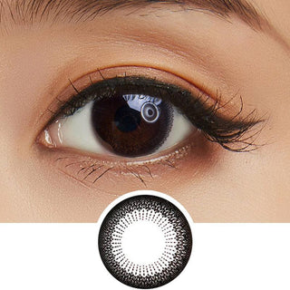 Collage showing Close-up shot of a model eye wearing Lacelle Modest Black colored contact lens in one eye that is naturally dark-brown with natural eye make up and lashes, Single Lacelle Modest Black contact lens on a white surface showing the pixel detail
