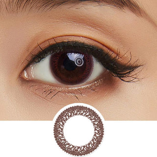 Collage showing Close-up shot of a model eye wearing Lacelle Tender Brown colored contact lens in one eye that is naturally dark-brown with natural eye make up and lashes, Single Lacelle Tender Brown contact lens on a white surface showing the pixel detail