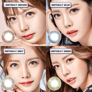 A compilation featuring four models showcasing Birthday green, grey, brown, and blue colored contact lenses on dark brown eyes.