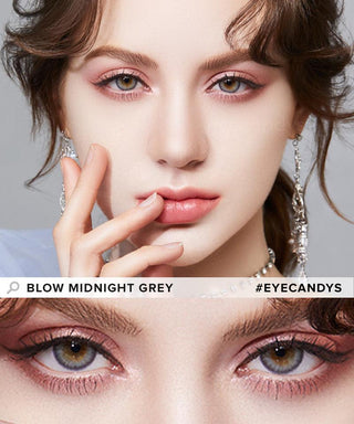 Model showcasing the natural look using Olola Blow Midnight Grey (KR) prescription color contacts, above a closeup of a pair of eyes transformed by the color contact lenses