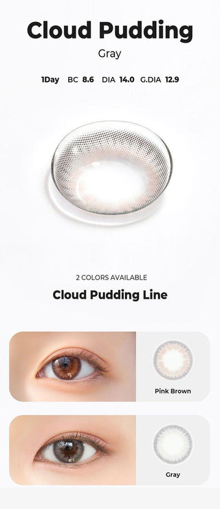 Asian model demonstrating a K-idol-inspired look with Chuu Cloud Pudding Grey (10pk) coloured contact lenses, highlighting the instant brightening and enlarging effect of the circle contact lenses over dark irises.