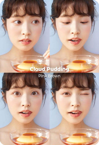 Asian model demonstrating a K-idol-inspired look with Chuu Cloud Pudding Pink Brown (10pk) coloured contact lenses, highlighting the instant brightening and enlarging effect of the circle contact lenses over dark irises.