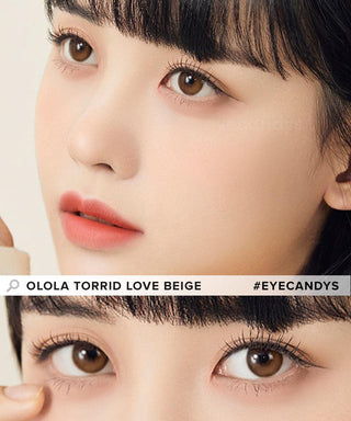 Model showcasing the natural look using Olola Dahlia Brown (KR) prescription color contacts, above a closeup of a pair of eyes transformed by the color contact lenses