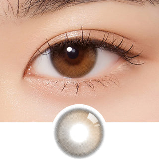 Macro shot of an eye wearing the Olola Daymood 1-Day Brown (10pk) (KR) colour contact lens, showing the multi-colored detail and natural effect on dark brown eyes, with clean eye makeup