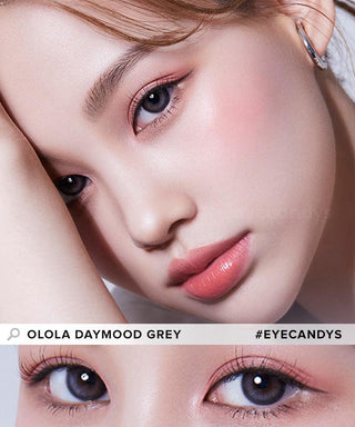 Model showcasing the natural look using Olola Daymood Grey (KR) prescription color contacts, above a closeup of a pair of eyes transformed by the color contact lenses